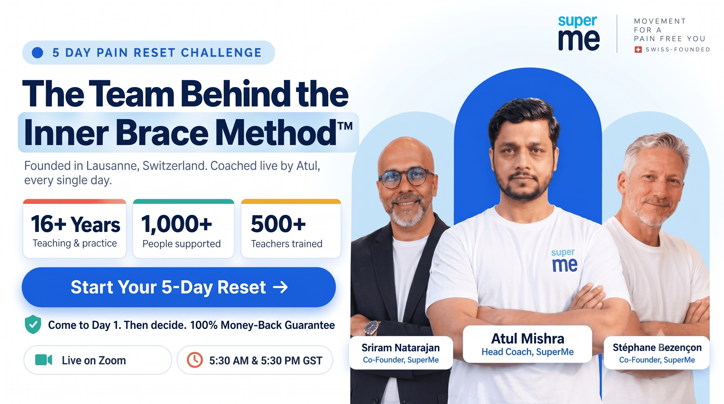 The team behind the Inner Brace Method, founded in Lausanne, Switzerland: head coach Atul Mishra with co-founders Sriram Natarajan and Stéphane Bezençon