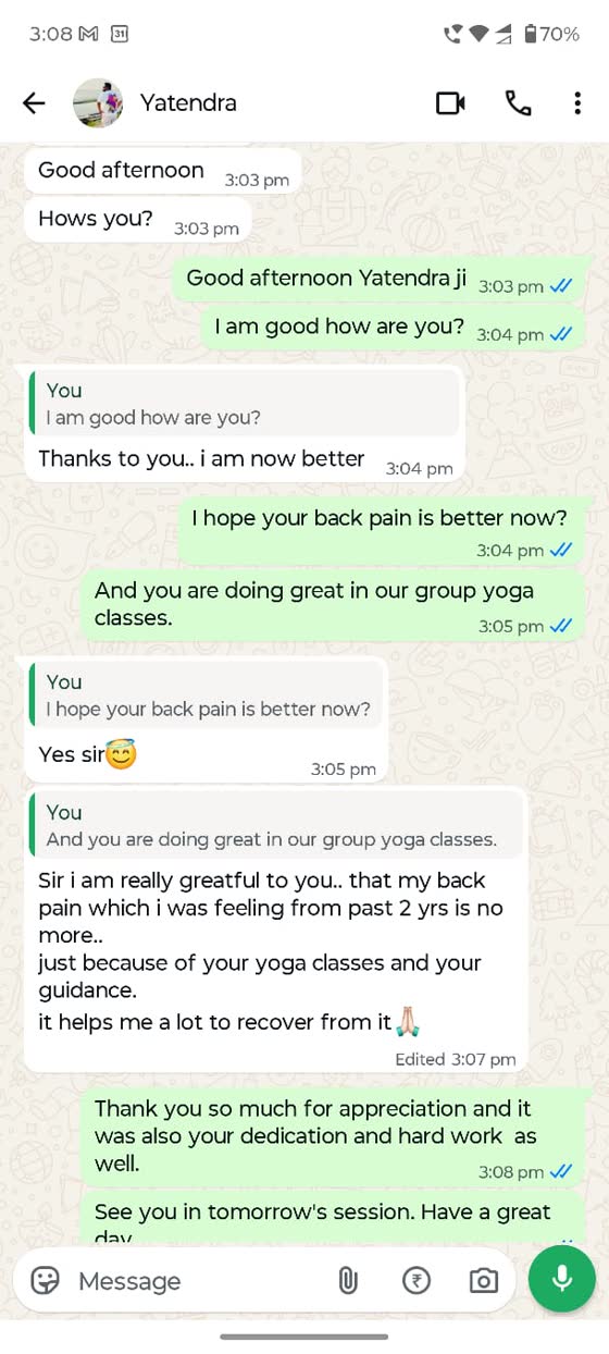 WhatsApp message from a client thanking Atul: back pain felt for the past two years is no more, after the group yoga classes and his guidance.