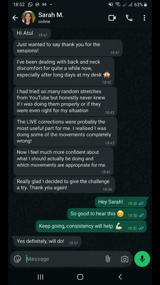 WhatsApp message from a client: a desk worker describes back and neck discomfort, says the live corrections showed she had been doing movements wrong, and feels more confident about what to do.