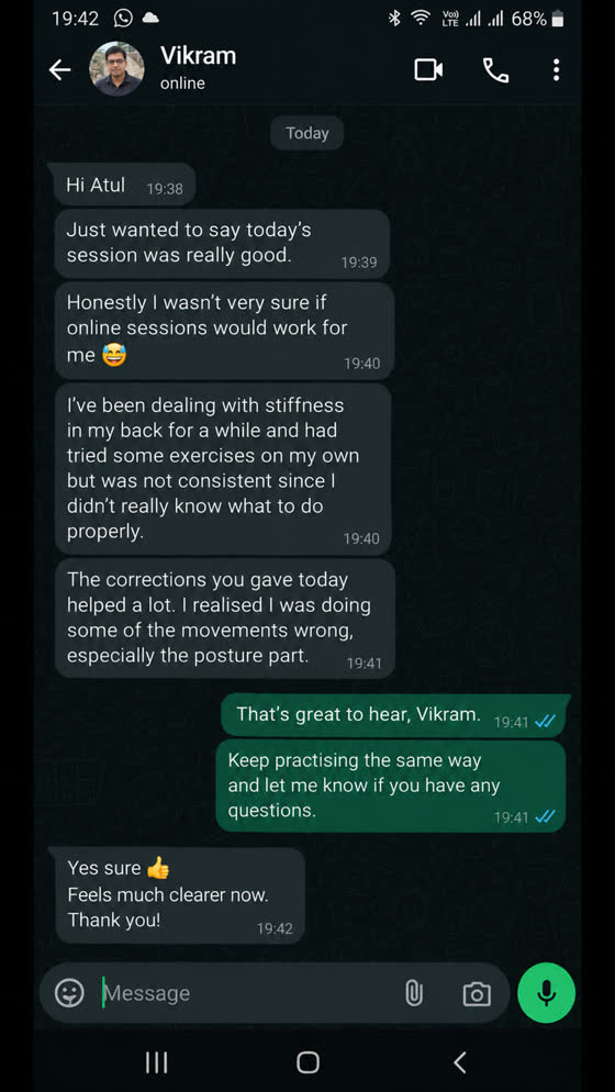WhatsApp message from a client who doubted online sessions says the corrections helped, especially on posture, and things feel clearer.