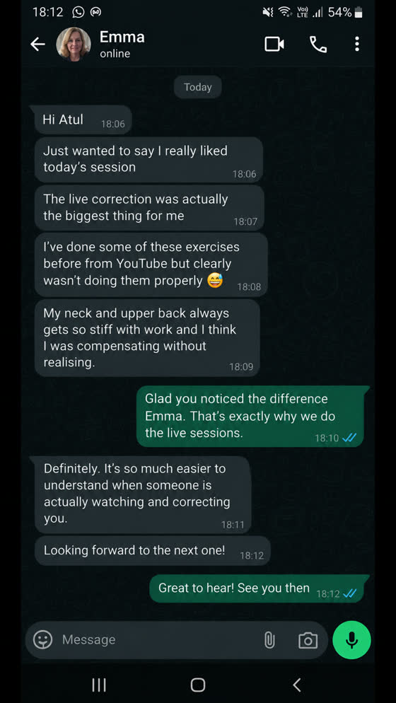 WhatsApp message from a client saying the live correction was the biggest thing for her, having previously followed exercises from YouTube without doing them properly.